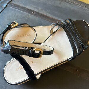 Authentic Prada Black Patent Leather Raffia Flat Ankle Strap Sandals Size 8